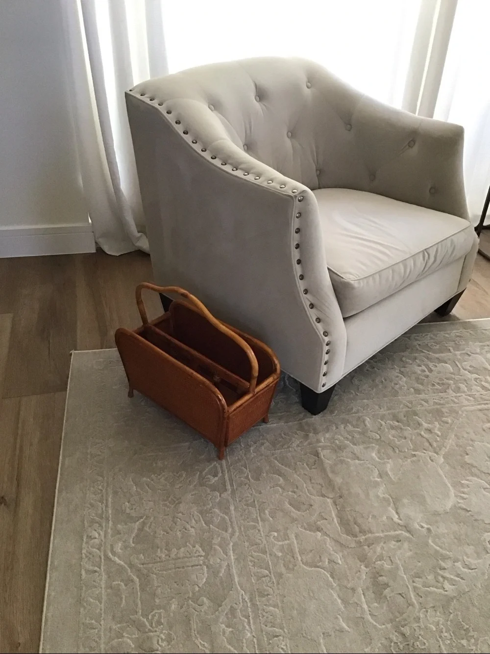 Vintage 1950s magazine rack bent bamboo frame, woven rattan side